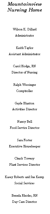 Text Box: Mountainview Nursing HomeWilson K. DillardAdministratorKeith TaylorAssistant AdministratorCarol Hodge, RNDirector of NursingRalph WessingerComptrollerGayle BlantonActivities DirectorNancy BellFood Service DirectorSara FosterExecutive HousekeeperChuck ToweryPlant Services DirectorKasey Roberts and Sue KempSocial Services Brenda Rhodes, RNDay Care Director